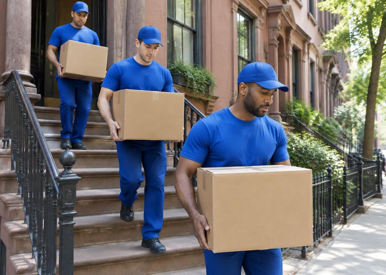 Equipo de Mudanzas Rápidas USA cargando cajas en un edificio de Nueva York